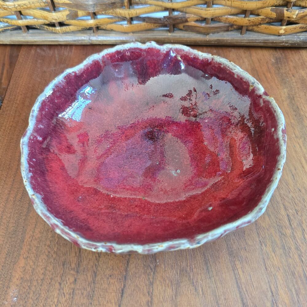 Studio Art Pottery Red Bowl Gray Drip Rim Glazed Classic Rustic Earthy Boho